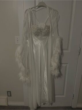 Ivory Satin and Sheer Embellished Nightgown with Feather-Trim Robe